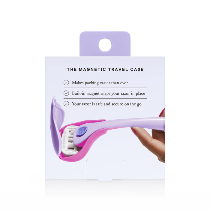A close-up of a purple and pink razor is held against a box with DreamPop text, describing the Billie 5-Blade Women’s Razor Travel Case. The packaging emphasizes benefits such as easy packing, built-in magnet, and secure storage.
