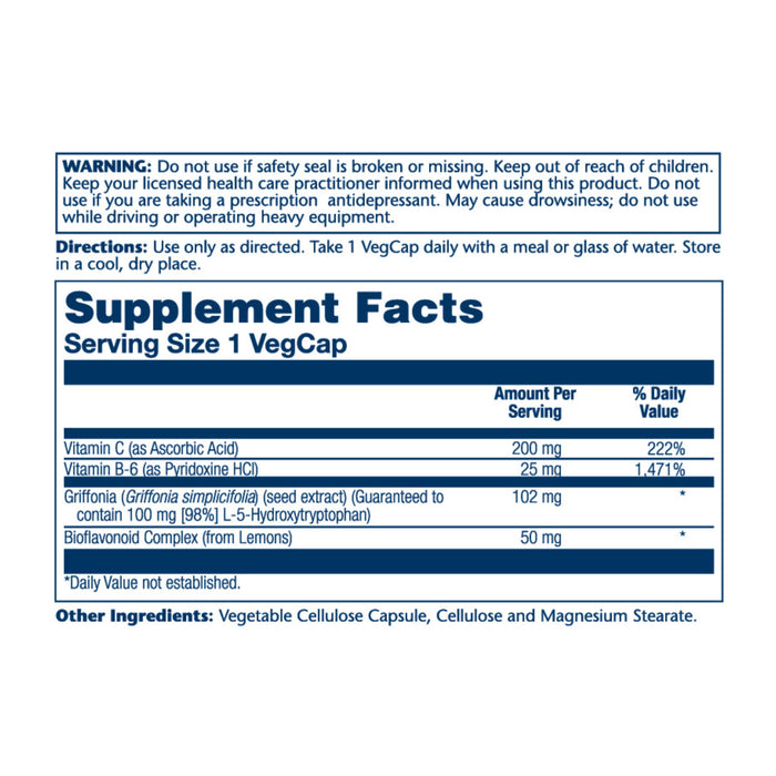 The Solaray 5-HTP EC-w Vit C & B6, 100 mg supplement facts label features Vitamin C, Vitamin B-6, and Griffonia simplicifolia extract for serotonin synthesis support. Includes Lemon Balm for restful sleep. Keep out of reach of children.