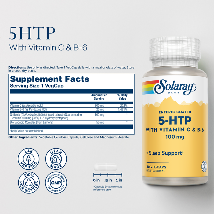 Image of a dietary supplement bottle labeled "Solaray 5-HTP with Vitamin C &amp; B-6." It shows nutrition details like Vitamin C (20 mg), Vitamin B-6 (2 mg), and 5-HTP (100 mg). The label states "Enteric Coated" and "Sleep Support." Includes 60 VegCaps.