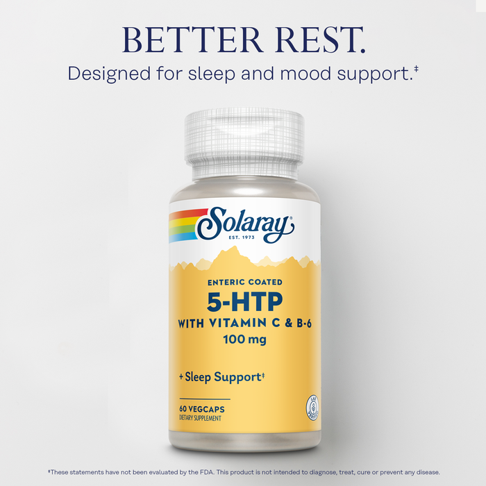 Image of a Solaray supplement bottle labeled "Enteric Coated 5-HTP with Vitamin C &amp; B-6, 100 mg, 60 VegCaps" for sleep and mood support. Text above reads: "Better Rest. Designed for sleep and mood support.