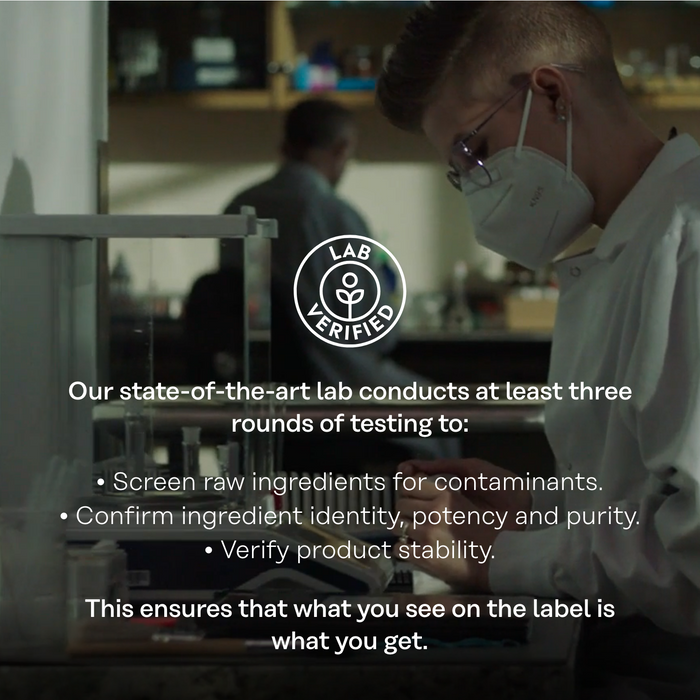 A person wearing a mask and glasses works in a lab with shelves and equipment in the background. Text highlights three lab testing rounds: screening raw ingredients, confirming identity and potency, and verifying product stability, ensuring label accuracy.