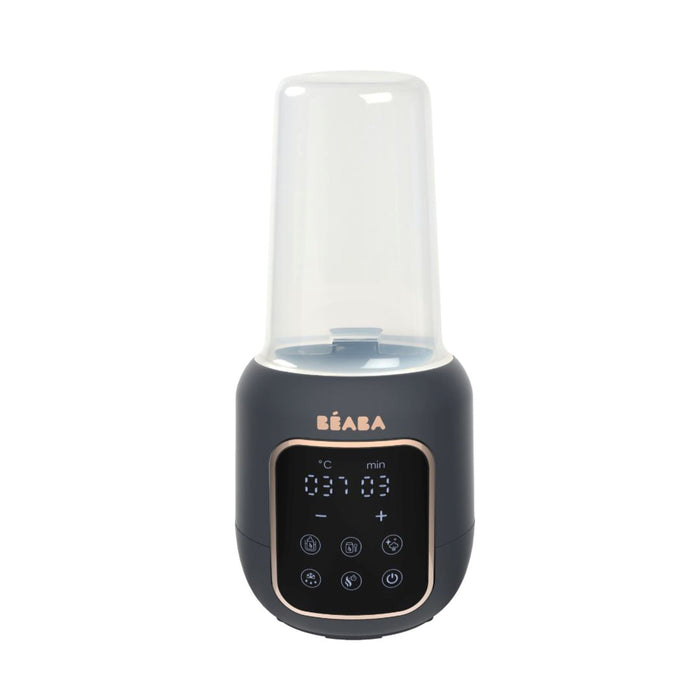 The BEABA 5-in-1 Multi Milk Baby Bottle and Food Warmer, featuring a sleek black design with a transparent cover, heats bottles and food jars. It includes a display for temperature and timer settings with operational buttons, while the brand name is prominently above the screen.