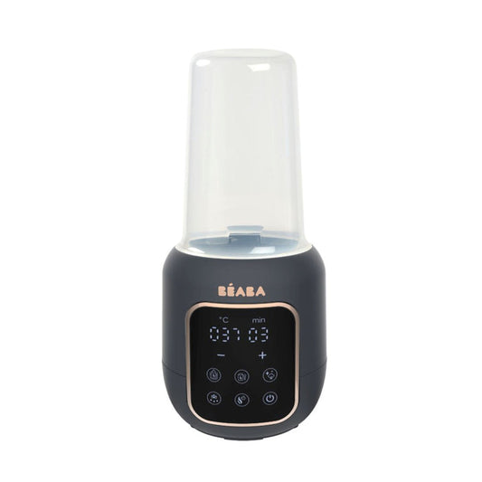 The BEABA 5-in-1 Multi Milk Baby Bottle and Food Warmer, featuring a sleek black design with a transparent cover, heats bottles and food jars. It includes a display for temperature and timer settings with operational buttons, while the brand name is prominently above the screen.