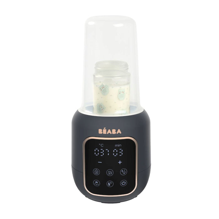 The BEABA 5-in-1 Multi Milk Baby Bottle and Food Warmer efficiently heats bottles with a clear lid, utilizing a digital display with buttons for precision temperature and timer settings.