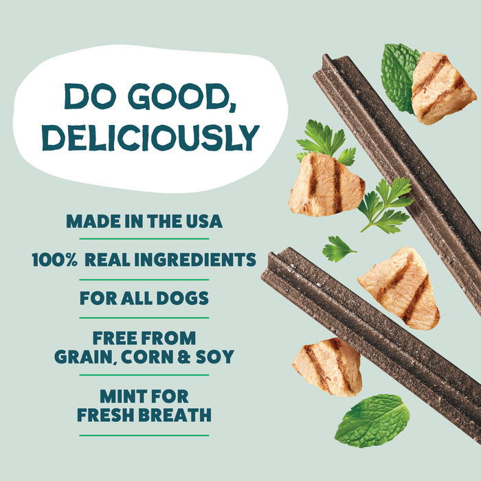 Shameless Pets’ A Cluck A Day Probiotic Dental Stick ad shows two dark sticks with chicken, parsley, and mint. Made in the USA from 100% real upcycled ingredients. Grain/corn/soy free—mint for fresh breath—great for all dogs!.