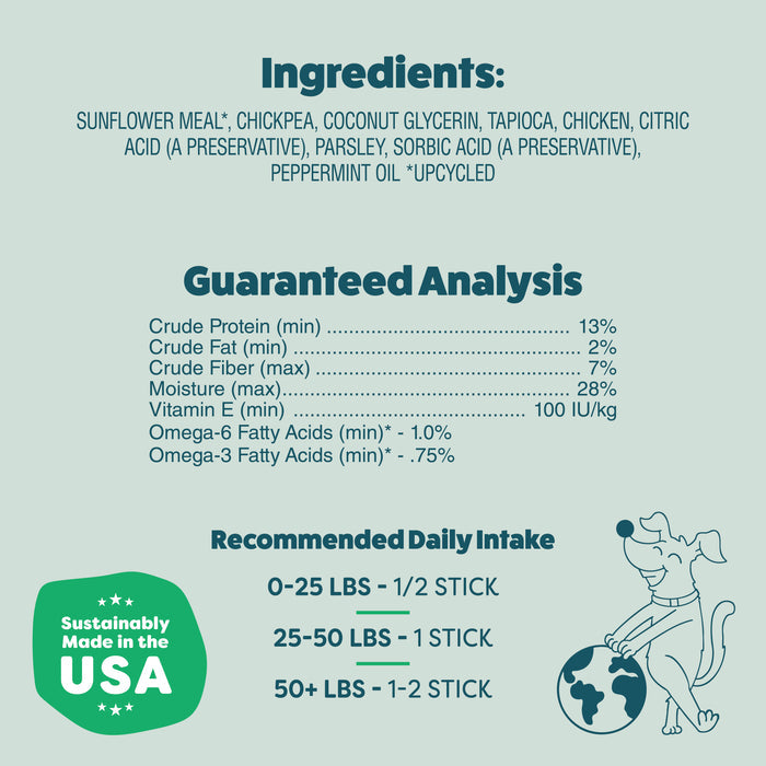 Explore ingredients, nutrition facts, and daily intake for Shameless Pets A Cluck A Day Probiotic Dental Stick—made with upcycled ingredients. Features a cartoon dog holding a globe and a green Sustainably Made in the USA badge.