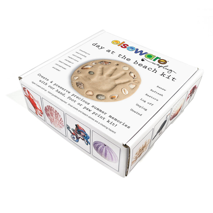 The “A Day at the Beach Set” by Elseware Unplug features a sand handprint with seashells on the lid and beach-themed side art—ideal for capturing summer memories and collecting treasures.