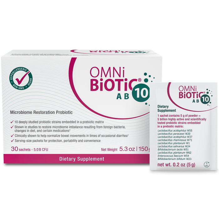 Omni-Biotic AB10 Probiotic Supplement includes a box of 30 sachets designed for microbiome restoration. Each sachet details specific bacterial strains and weight, highlighting its influence on gut flora balance.