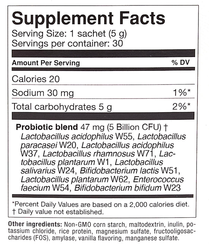 Supplement Facts label for a probiotic supplement. Details include serving size, calories, sodium, and carbohydrate content. Probiotic blend with various strains is listed. Ingredients and daily value information provided at the bottom.