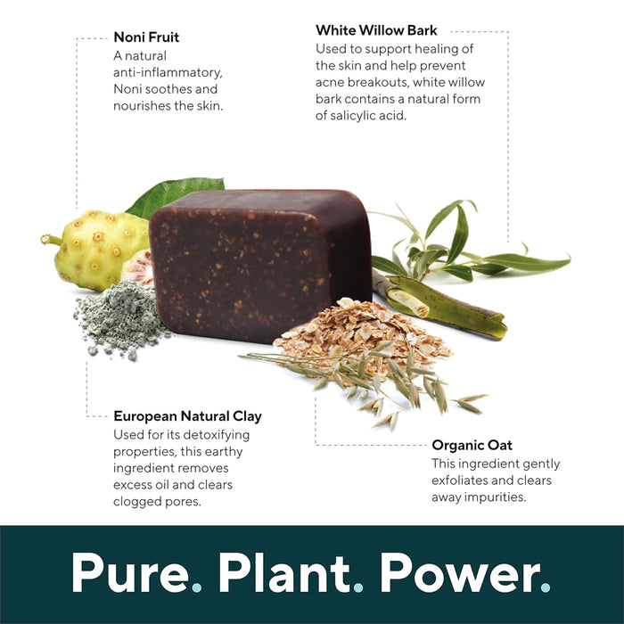 A bar of Marie Originals Acne Control Soap is surrounded by noni fruit, white willow bark (natural salicylic acid), European detox clay, and organic oat—each labeled with their natural benefits. Text below: “Pure. Plant. Power.”.
