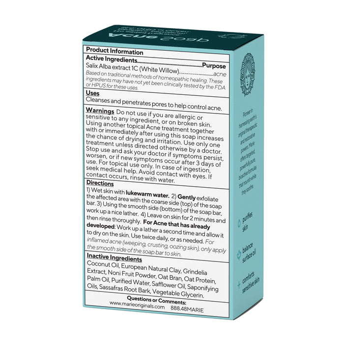 Back of a Marie Originals Acne Control Soap box detailing natural salicylic acid, detoxifying clay, effective acne control for acne-prone skin, plus usage instructions, warnings, and contact info.