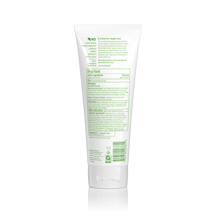 An upright white tube of Alba Botanica AcneDote Face & Body Scrub displays its back label with green text listing Salicylic Acid details, product info, drug facts, directions, and ingredients—ideal for fighting breakouts or scrubbing face and body.