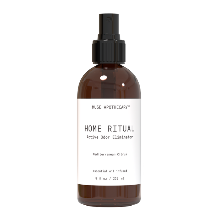 The Active Odor Eliminator by Muse Apothecary features Muse Clear technology with a Mediterranean Citrus scent, tackles household odors with essential oil infusion, and is available in an 8 fl oz (236 ml) spray bottle.