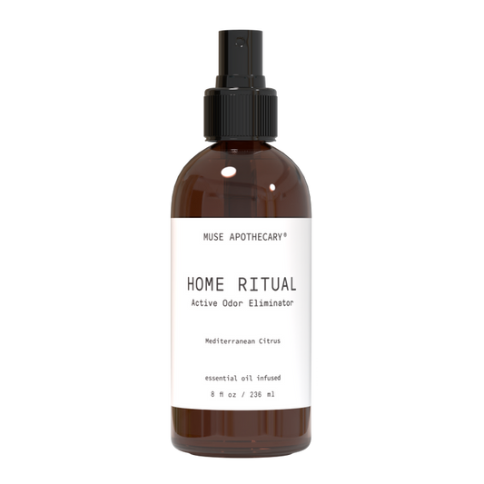 The Active Odor Eliminator by Muse Apothecary features Muse Clear technology with a Mediterranean Citrus scent, tackles household odors with essential oil infusion, and is available in an 8 fl oz (236 ml) spray bottle.
