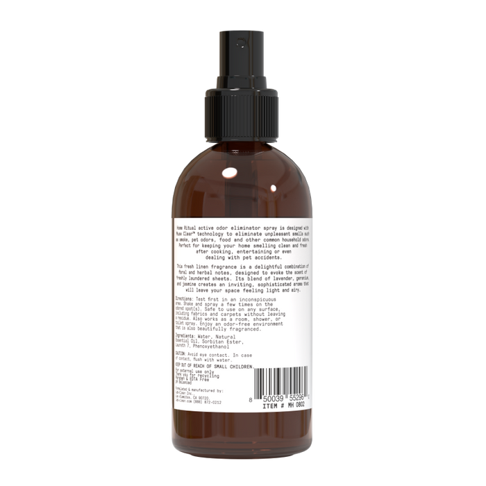 A brown spray bottle with a black nozzle and white label stands upright against a white background. The label, partially readable, highlights Muse Apothecarys Active Odor Eliminator featuring Muse Clear technology for effective household odor removal.