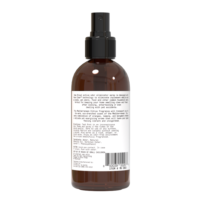 The dark amber spray bottle with a black nozzle displays white text for product details, directions, and a barcode. The Active Odor Eliminator by Muse Apothecary features Muse Clear technology to effectively target household odors with a refreshing Mediterranean citrus scent.