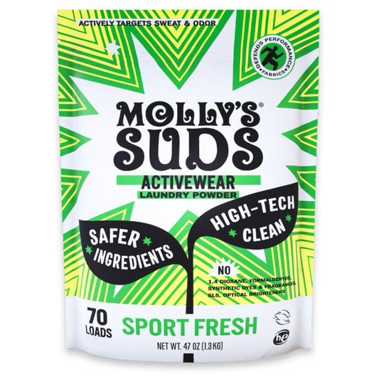 A 47 oz (1.3 kg) bag of Molly’s Suds Activewear Laundry Detergent Powder in Sport Fresh scent, with green, black, and white design, removes odors using plant-based enzymes and provides up to 70 loads per package.