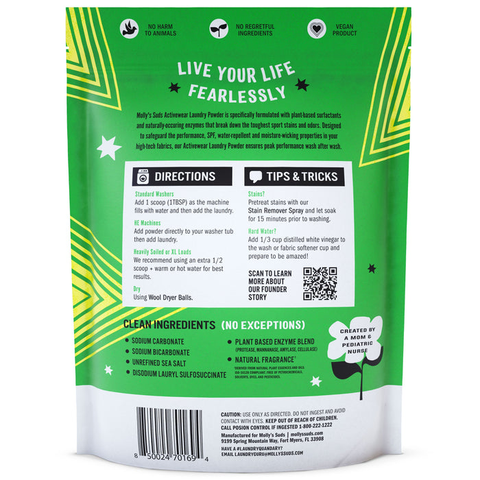 The vibrant green and white package of Mollys Suds Activewear Laundry Powder features a star and stripe design. It uses plant-based enzymes for an eco-friendly clean with a Sport Fresh scent. Instructions, tips, and clean ingredient details are also highlighted to promote fearless living.