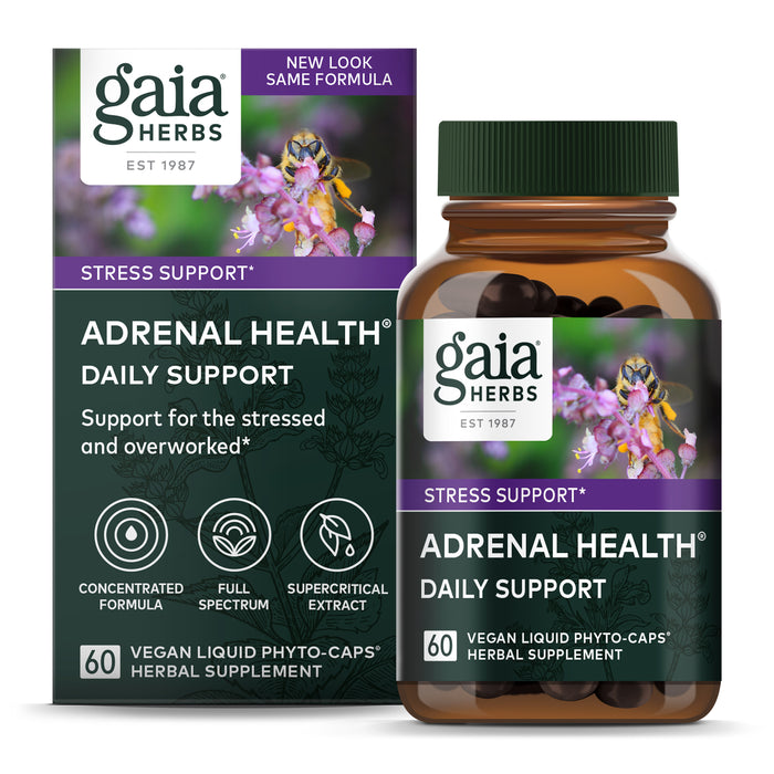 Image of Gaia Herbs Adrenal Health Daily Support packaging. The purple and green design showcases a bee on a flower, symbolizing adaptogenic herb power. This bottle includes 60 vegan liquid phyto-caps with a concentrated formula and supercritical extract for stress support.