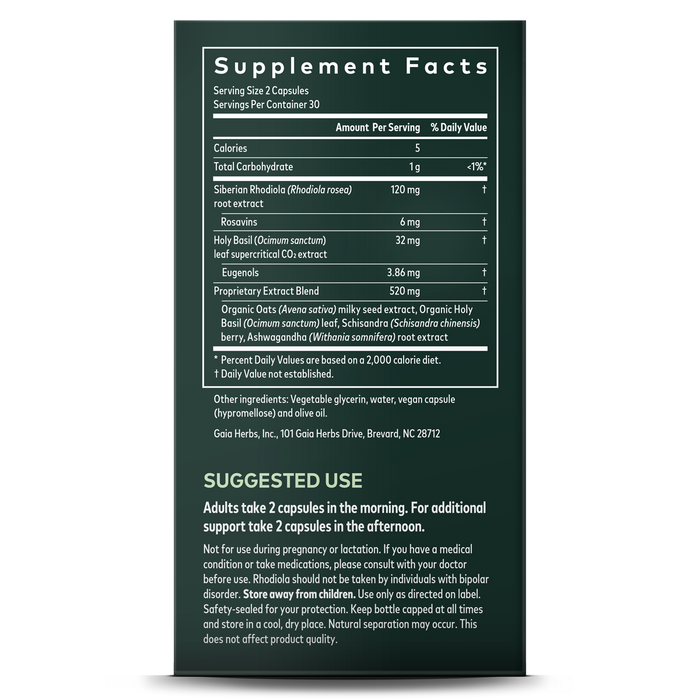 Image of Gaia Herbs Adrenal Health Daily Support supplement facts label on a dark bottle, listing adaptogenic herbs such as Rhodiola, Holy Basil, and Ashwagandha for stress reduction and adrenal health. Recommended use is 2 capsules in the morning and afternoon. Includes warnings for medical conditions and pregnancy.