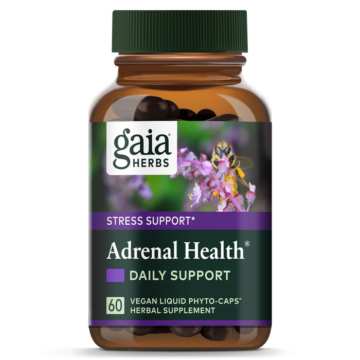 The Gaia Herbs Adrenal Health Daily Support features a bee on a pink flower with Stress Support and 60 Vegan Liquid Phyto-Caps. It is enhanced with adaptogenic herbs and comes in a brown bottle capped in green, offering natural adrenal health balance.