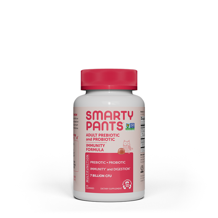 A white bottle with a red cap labeled SmartyPants holds the Adult Prebiotic Probiotic Immunity Formula - Strawberry Crème gummies, designed to boost immune function and digestive health. It provides 7 billion CFU support, is non-GMO and vegan, with 30 gummies included.