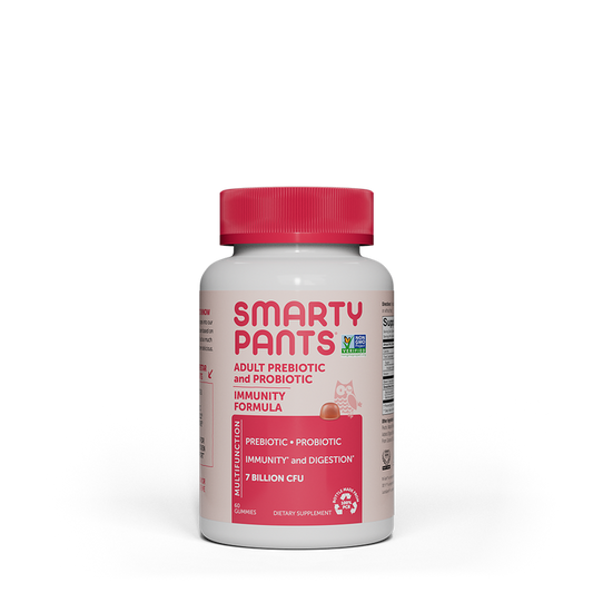 A white bottle with a red cap labeled SmartyPants holds the Adult Prebiotic Probiotic Immunity Formula - Strawberry Crème gummies, designed to boost immune function and digestive health. It provides 7 billion CFU support, is non-GMO and vegan, with 30 gummies included.