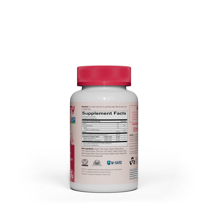 The SmartyPants Adult Prebiotic Probiotic Immunity Formula - Strawberry Crème is a dietary supplement with a red cap. It supports digestive health, is Non-GMO verified, suggests one serving per day, and features supplement facts, certification logos, and recyclable packaging indicators.
