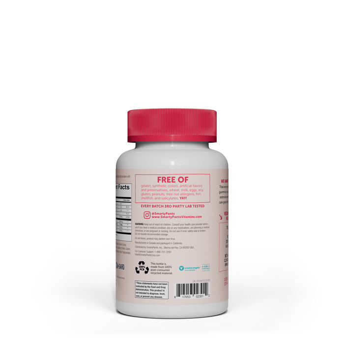 A white SmartyPants bottle with a pink cap labeled Adult Prebiotic Probiotic Immunity Formula - Strawberry Crème is gluten, wheat, and artificial flavor-free, supports digestive health, and features recycling symbols with contact info on the back.