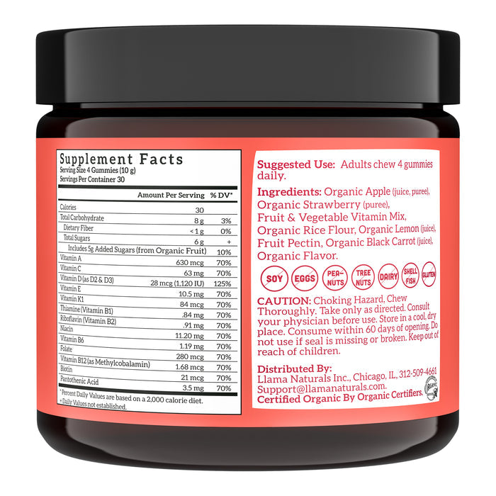 A jar of Llama Naturals Adults Real Fruit Multivitamin Gummies has a black lid and red label, displaying supplement facts, suggested use, ingredients with diverse organic fruit flavors, a choking hazard warning, manufacturer details, and contact information.
