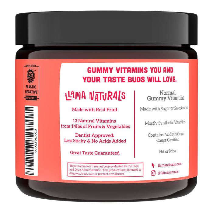 A jar of Llama Naturals Adults Real Fruit Multivitamin Gummies with a red label. Made from real fruit, it contains 13 natural vitamins and no added sugars. Titled Gummy Vitamins You and Your Taste Buds Will Love, it guarantees great taste.