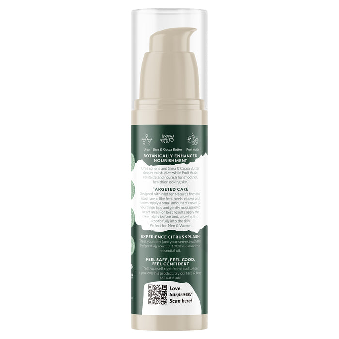 The Tree To Tub Advanced Crack Defense Deep Moisturizing Heel & Foot Cream comes in a green and white pump bottle. It nourishes with botanical skincare, offering tips for dry, cracked heels, a refreshing citrus scent, and surprises via QR code scanning.
