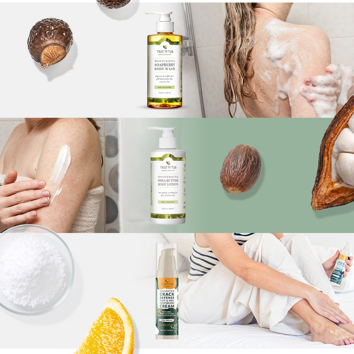 Collage of skincare routines: a woman applies body wash and lotion, uses Tree To Tubs Advanced Crack Defense Deep Moisturizing Heel & Foot Cream for dry heels. Products feature ingredients like nutmeg, urea, and salt. An orange slice highlights the foot cream image.