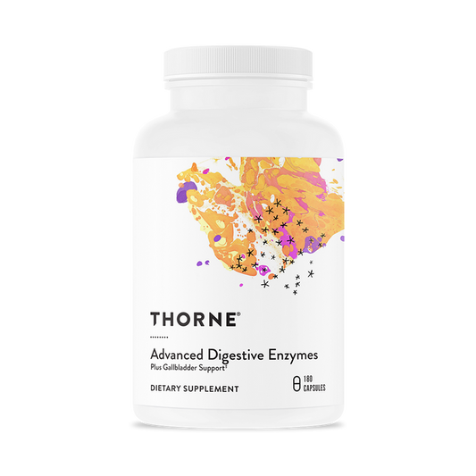 Thornes Advanced Digestive Enzymes, in a white bottle with orange and purple abstract art and star-like symbols, offers essential support for digestion with 180 capsules, especially beneficial after gallbladder removal.