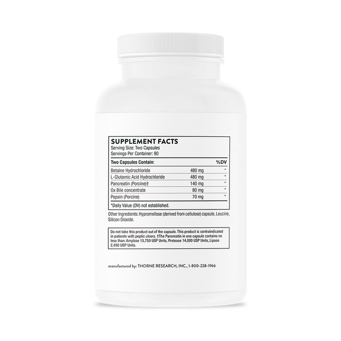 A white bottle of Advanced Digestive Enzymes by Thorne displays ingredients such as Betaine Hydrochloride, L-Glutamic Acid Hydrochloride, and Pepsin to support indigestion. The contact number is visible for those in need of digestive enzymes.