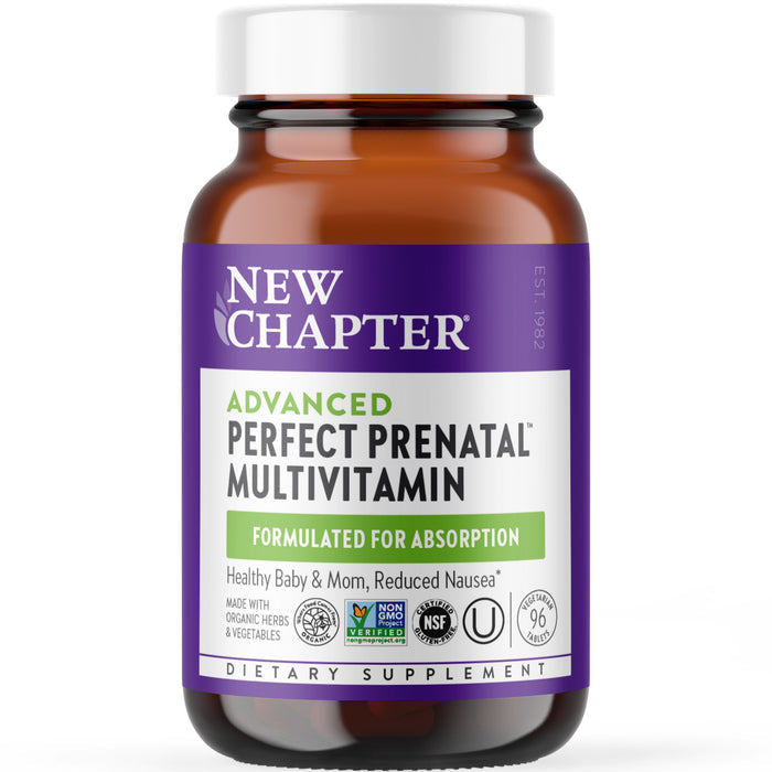 A brown glass bottle with a white cap contains New Chapters Advanced Perfect Prenatal™ Multivitamin for Healthy Baby & Mom. The label, in purple, white, and green, highlights its role in supporting fetal development and certifications like Non-GMO and NSF.