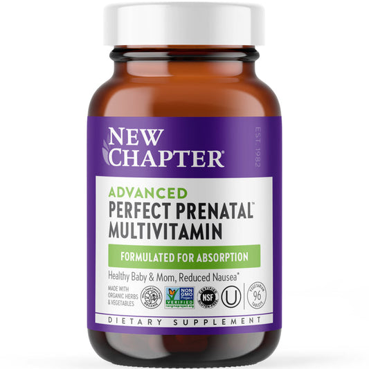 A brown glass bottle with a white cap contains New Chapters Advanced Perfect Prenatal™ Multivitamin for Healthy Baby & Mom. The label, in purple, white, and green, highlights its role in supporting fetal development and certifications like Non-GMO and NSF.