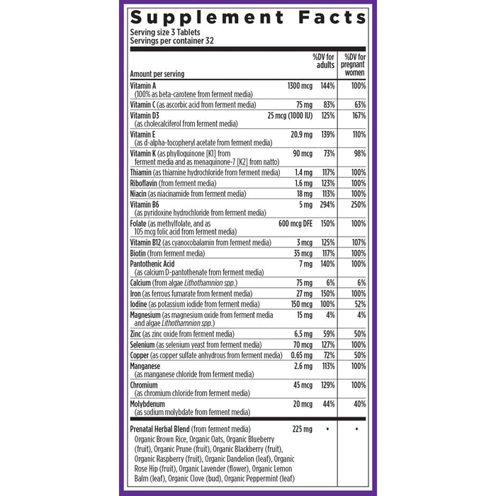 The Advanced Perfect Prenatal™ Multivitamin by New Chapter displays supplement facts with essential vitamins and minerals such as Methylfolate, Vitamins A, C, D, E, K, B1, B2, B6, B12; plus biotin, calcium, iodine; and key minerals zinc selenium copper manganese for fetal development.