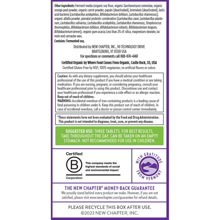Label for New Chapters Advanced Perfect Prenatal™ Multivitamin for Healthy Baby & Mom includes organic ingredients like methylfolate, essential for fetal development, storage tips, contact info, organic integrity certifications, and a money-back guarantee.