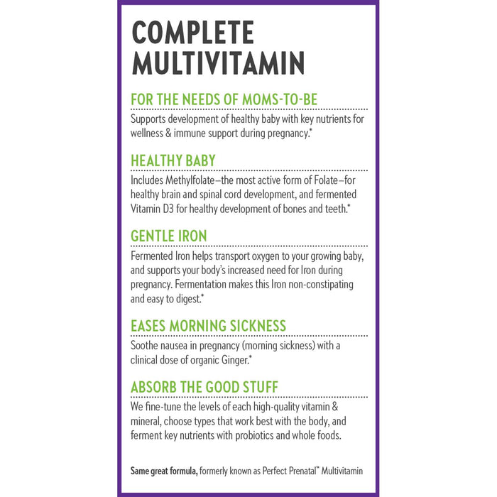 A flyer titled Advanced Perfect Prenatal™ Multivitamin for Healthy Baby & Mom from New Chapter highlights benefits for mothers-to-be and babies, featuring organic prenatal vitamins, supporting fetal development with nutrients, gentle iron for digestion, Methylfolate for enhanced absorption, and ginger to ease morning sickness.