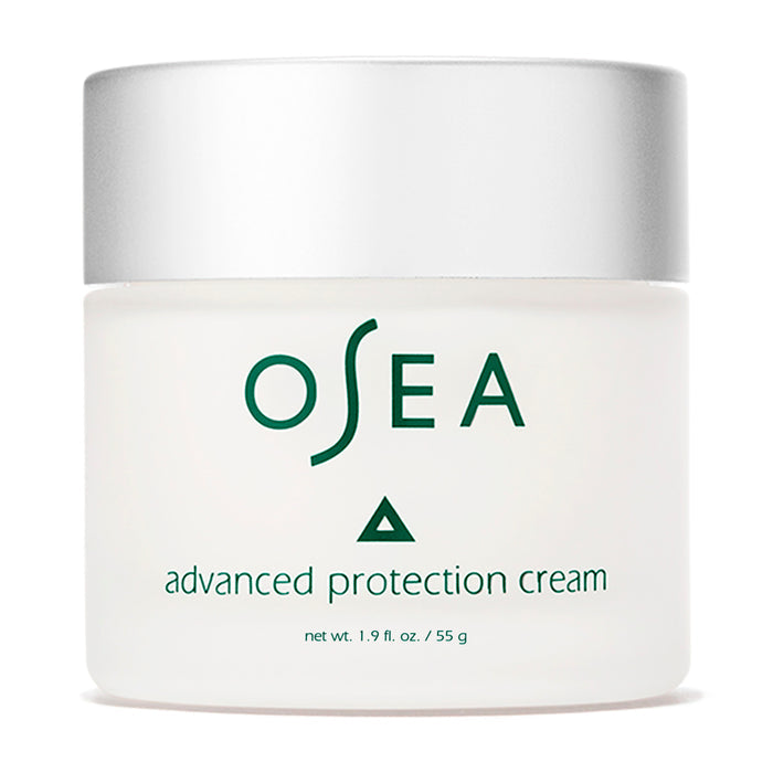 A 1.9 fl. oz. (55 g) jar of OSEA Advanced Protection Cream with bio-retinol and Undaria seaweed, featuring a silver lid and green text on a white background.