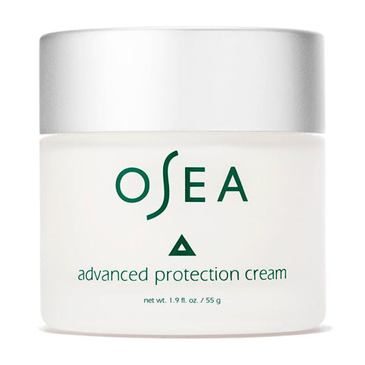 A 1.9 fl. oz. (55 g) jar of OSEA Advanced Protection Cream with bio-retinol and Undaria seaweed, featuring a silver lid and green text on a white background.