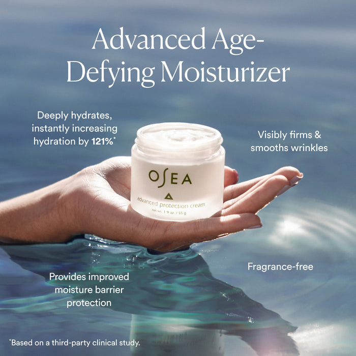 A hand holds a jar of OSEA Advanced Protection Cream above water. Text highlights deep hydration, marine moisture, visible wrinkle reduction, improved moisture barrier, and a fragrance-free formula.