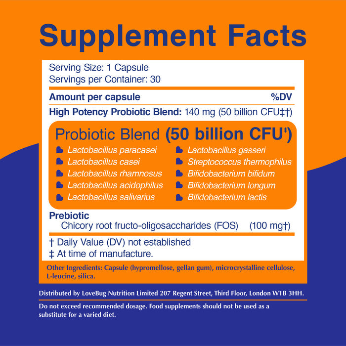 Lovebugs Advanced Strength Daily Probiotic for Men and Women features a 50 Billion CFU blend of Lactobacillus and Bifidobacterium strains plus prebiotic fiber, displayed on a Supplement Facts label with an orange and blue color scheme.