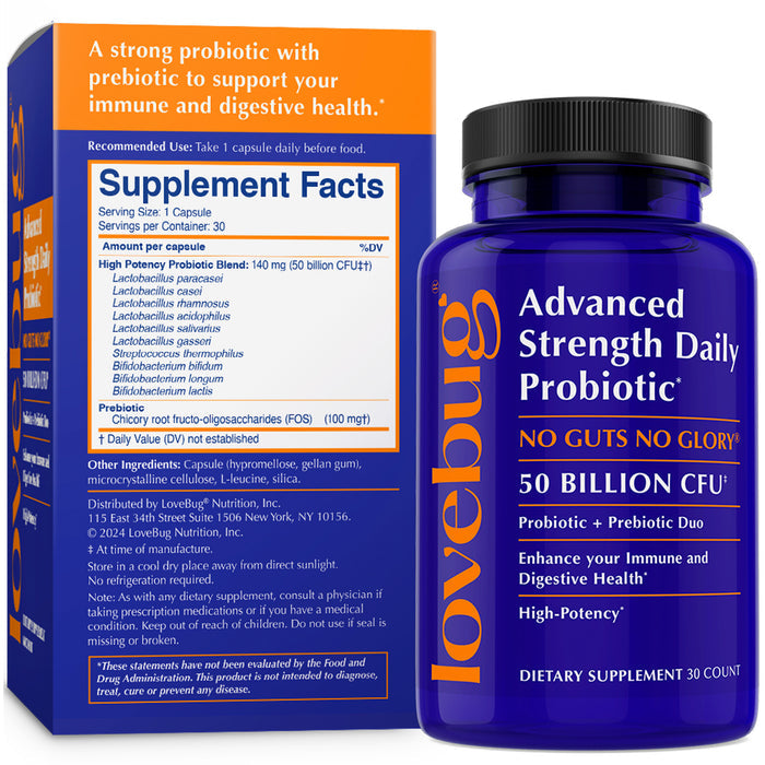 A blue bottle labeled Lovebug Advanced Strength Daily Probiotic for Men and Women sits beside its orange and blue box, showcasing 50 Billion CFU, prebiotic fiber, and supplement facts to support immune and digestive health.