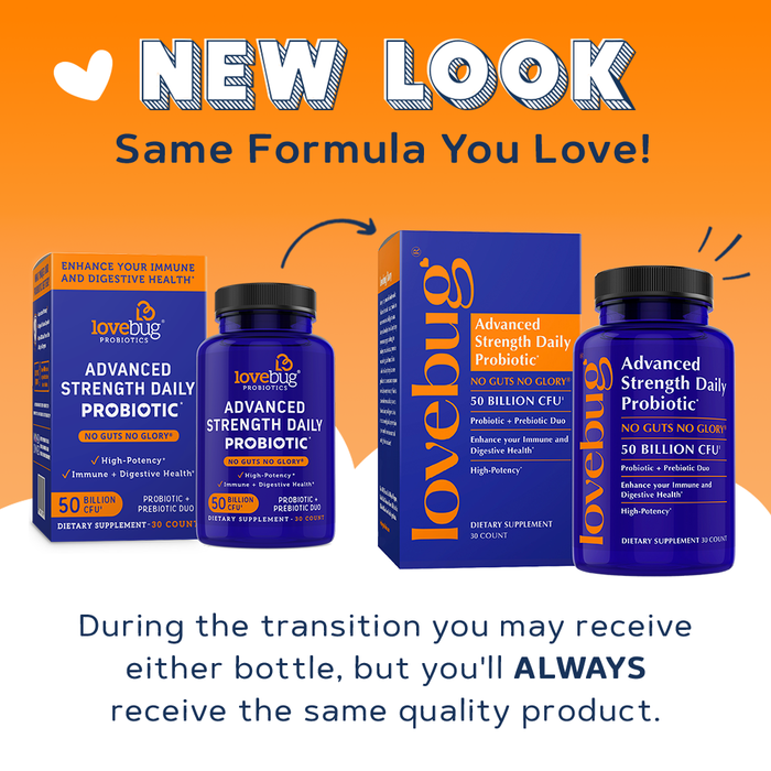 Two blue bottles and boxes of Lovebug Advanced Strength Daily Probiotic for Men and Women are shown with the message: New look, same formula you love! You may receive either packaging during this transition.