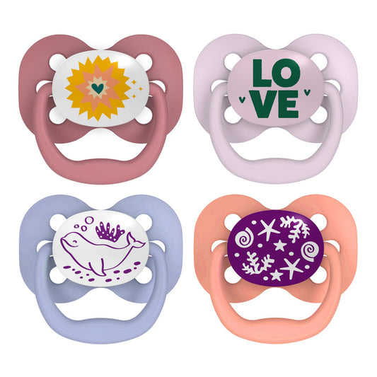 Explore Dr. Browns Advantage Glow-in-the-Dark Baby Pacifiers, Stage 1. Features: top left - orange sun/heart on pink, top right - green LOVE on white/purple, bottom left - pink whale on blue, bottom right - snowflakes/swirl on purple with orange silicone bulbs. Fully symmetrical soother included.