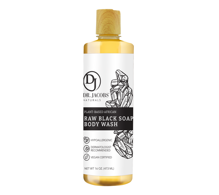 A 16 oz bottle of Dr. Jacobs Naturals African Black Soap Body Wash showcases a minimalist design with geometric patterns and offers detoxifying, purifying bubbles. Its plant-based, hypoallergenic, dermatologist recommended, and vegan certified.