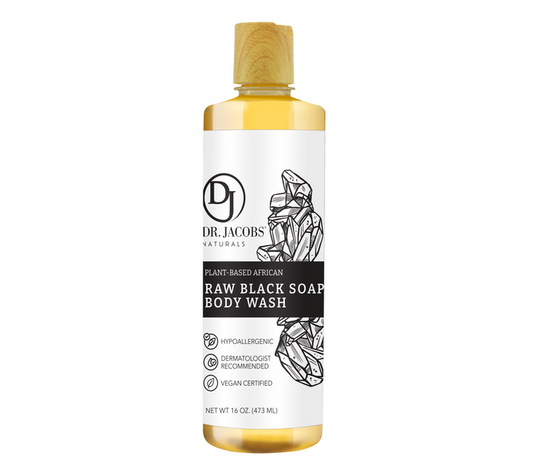 A 16 oz bottle of Dr. Jacobs Naturals African Black Soap Body Wash showcases a minimalist design with geometric patterns and offers detoxifying, purifying bubbles. Its plant-based, hypoallergenic, dermatologist recommended, and vegan certified.