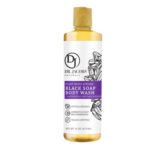 A 16 oz bottle of Dr Jacobs Naturals African Black Soap Body Wash, enriched with lavender and clary sage essence, features purifying bubbles and a plant-based formula. It is labeled as a detoxifier, hypoallergenic, dermatologist recommended, and vegan certified.